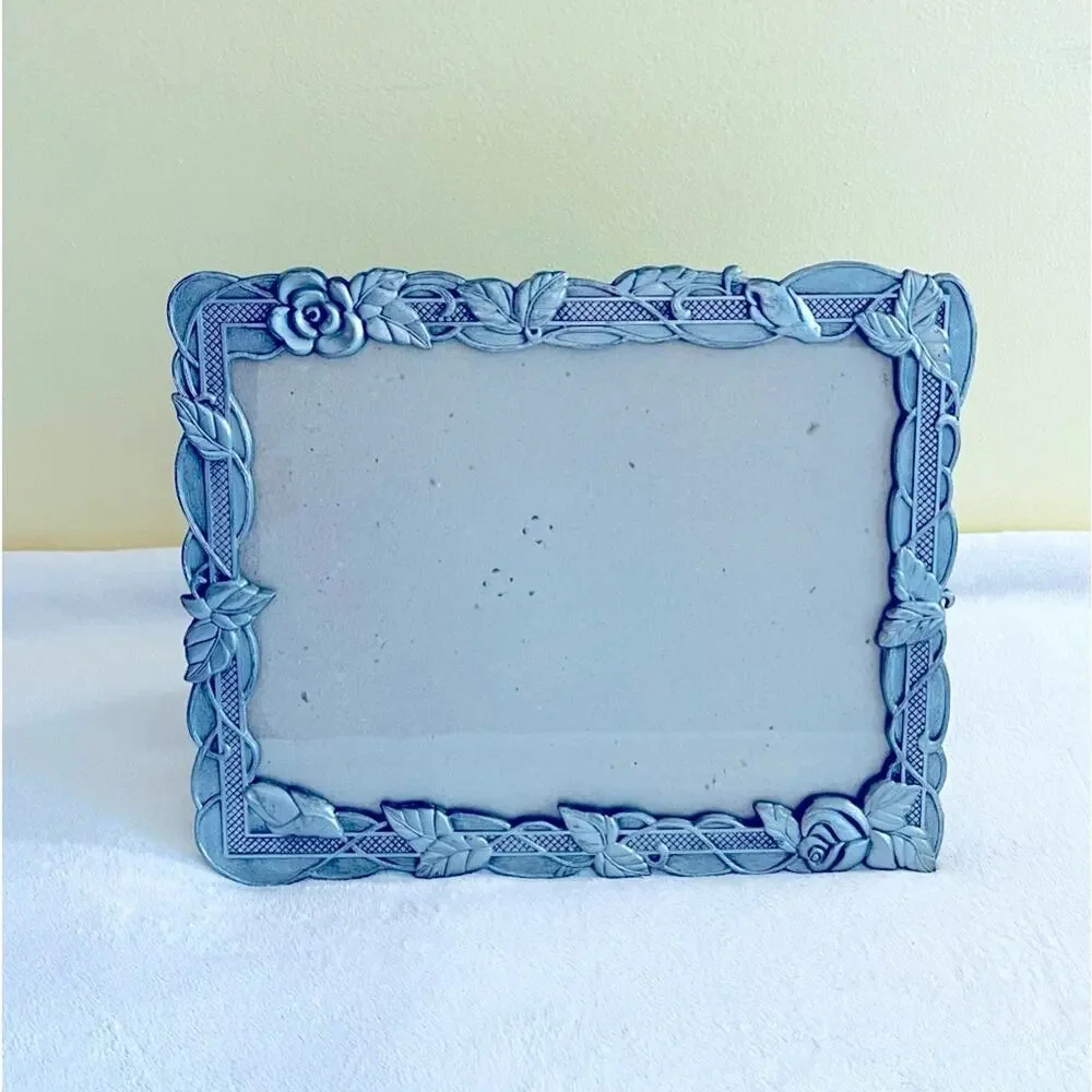 Vintage 1980s DECOREL Pewter Photo Picture Frame Ornate Rose Embossed Floral